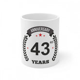 White ceramic 43rd anniversary printed coffee mug, 330ml capacity